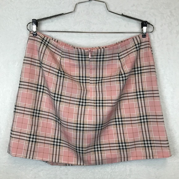 Pretty Damage Womens Size L Pink Plaid Mini Skirt High Waist Front Slit S1079 - Picture 3 of 9